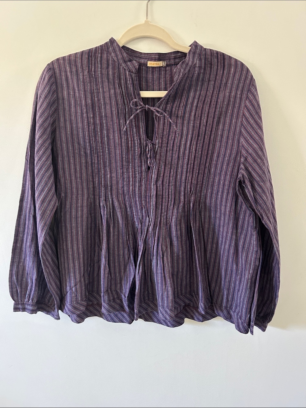 Matta Alma Blouse Purple Double Striped Peasant Mandarin Collar Top Size Large